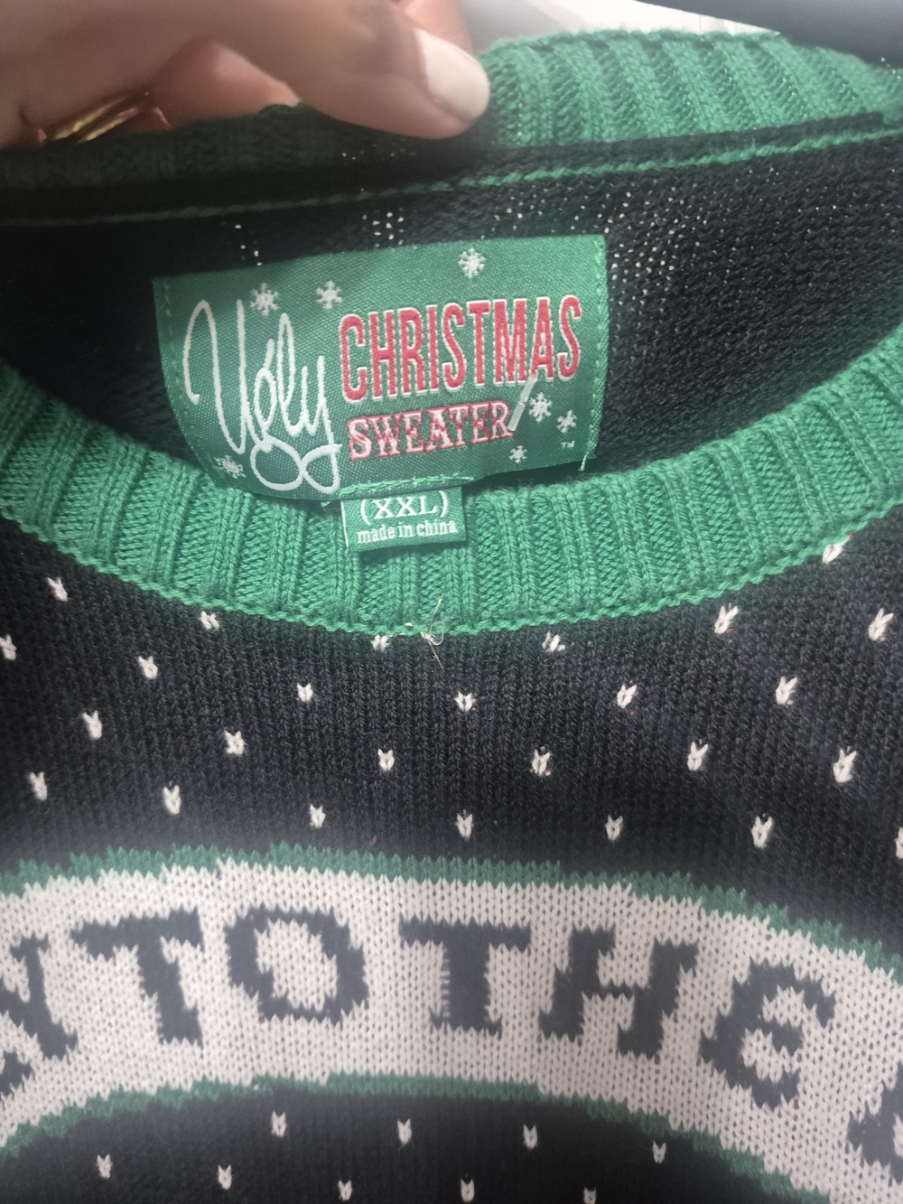 Ugly Christmas Sweater Black, White, Green & Red "Jolly to the Bone" Crewneck - Picture 3 of 4